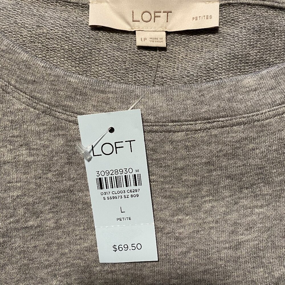 LOFT Long Sleeve Grey Tiered Sweatshirt Dress, Size Large Petite - Picture 7 of 7